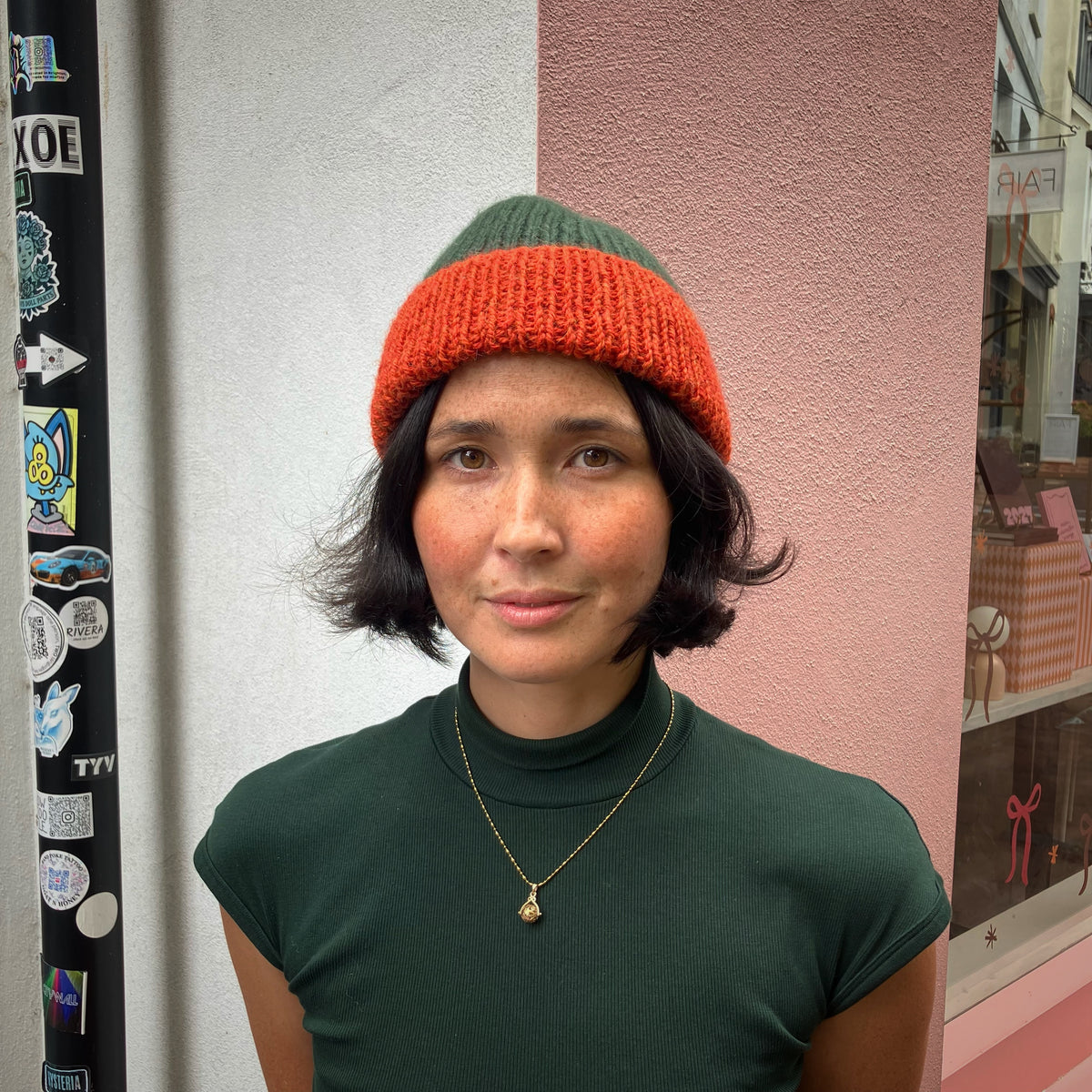 Rust Orange & Forest Green Knitted Merino Blend Beanie by Maze Hill