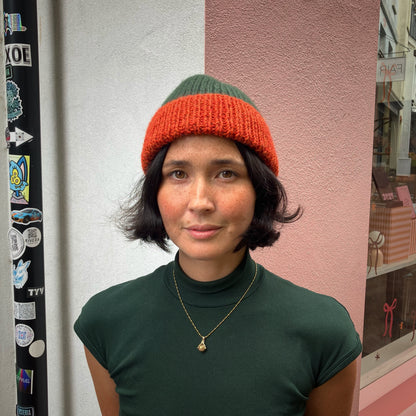 Rust Orange & Forest Green Knitted Merino Blend Beanie by Maze Hill