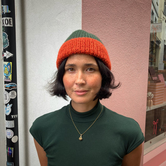 Rust Orange & Forest Green Knitted Merino Blend Beanie by Maze Hill