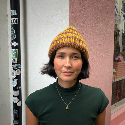 Golden Yellow & Dusky Mauve Striped Knitted Beanie by Maze Hill