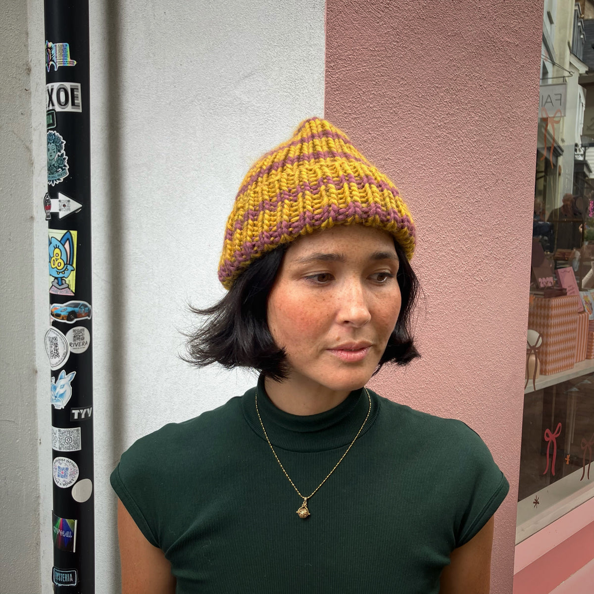 Golden Yellow & Dusky Mauve Striped Knitted Beanie by Maze Hill