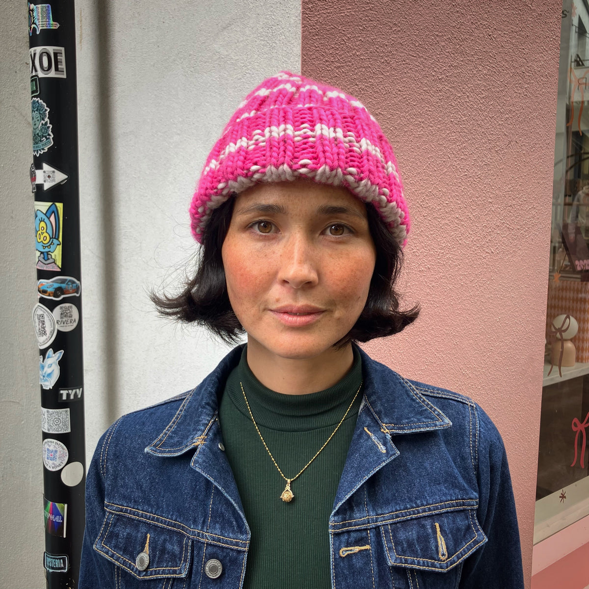 Hand-Knitted Hot Pink & Cream Striped Merino Blend Beanie by Maze Hill