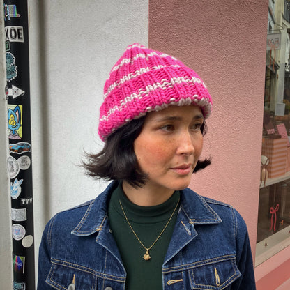 Hand-Knitted Hot Pink & Cream Striped Merino Blend Beanie by Maze Hill