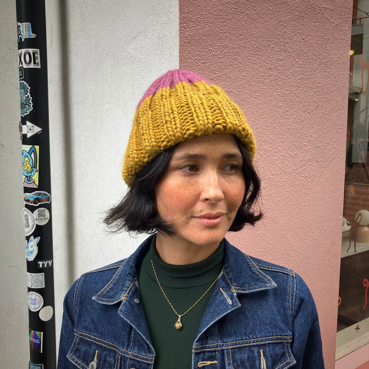 Mustard Yellow & Mauve Merino Blend Knitted Beanie by Maze Hill
