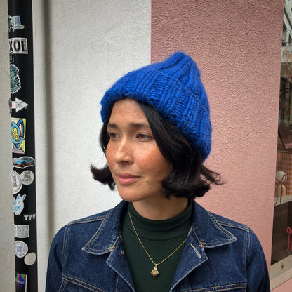 Cobalt Blue Chunky Ribbed Beanie In Merino Blend by Maze Hill