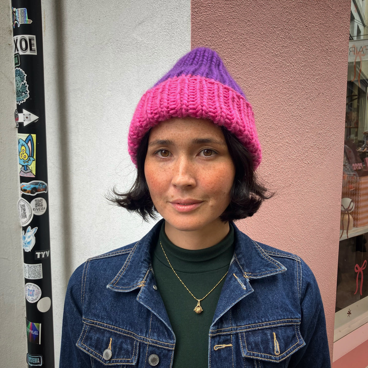 Pink & Purple Chunky Ribbed Beanie In Merino Blend by Maze Hill