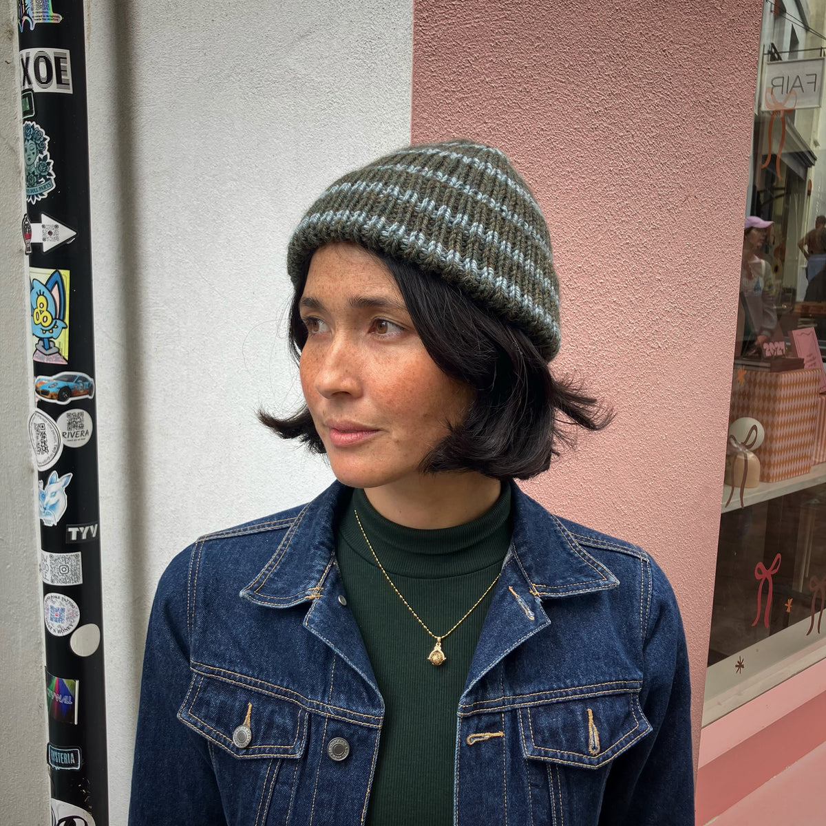 Olive & Powder Blue Striped Merino Blend Beanie by Maze Hill