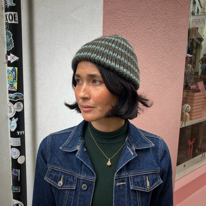 Olive & Powder Blue Striped Merino Blend Beanie by Maze Hill