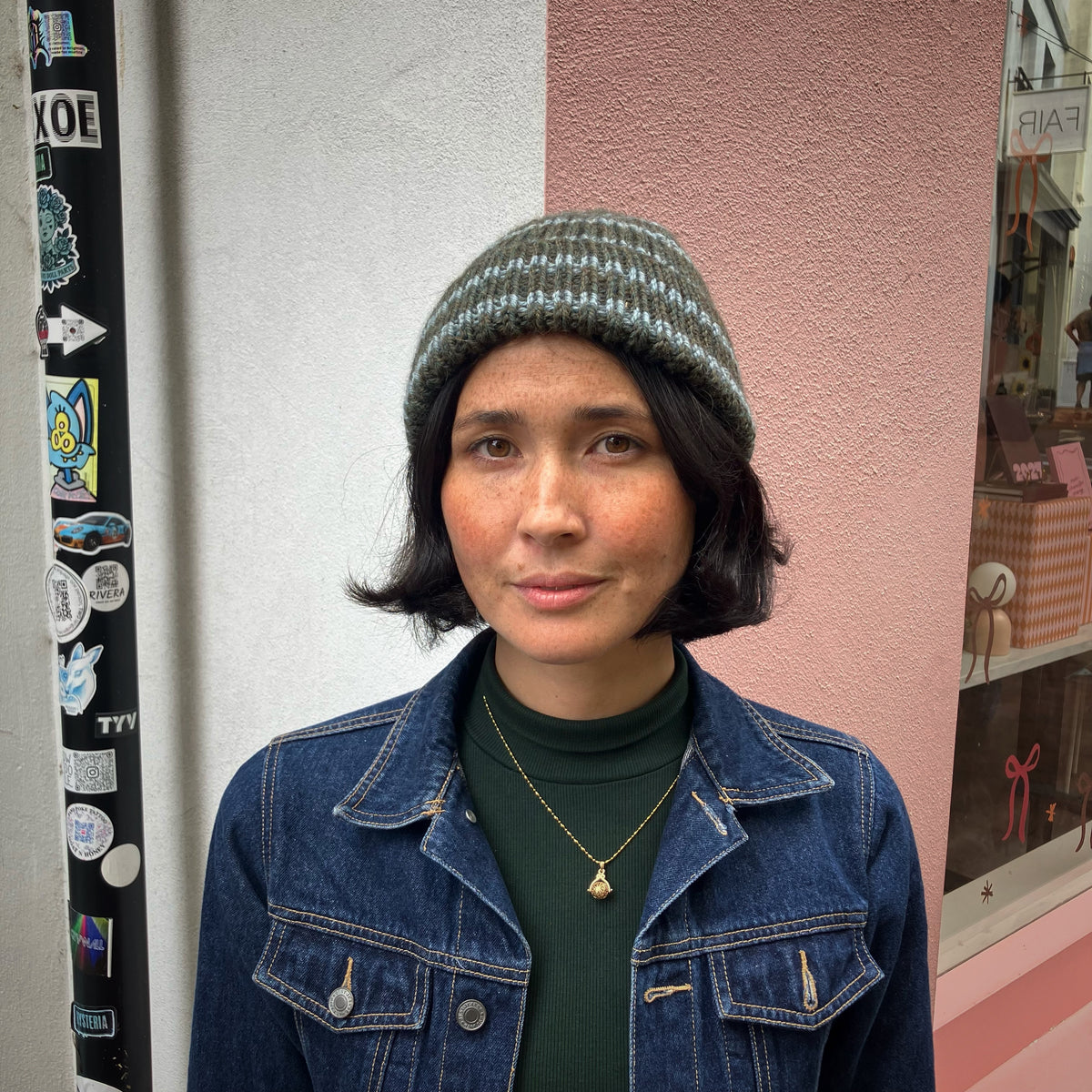 Olive & Powder Blue Striped Merino Blend Beanie by Maze Hill