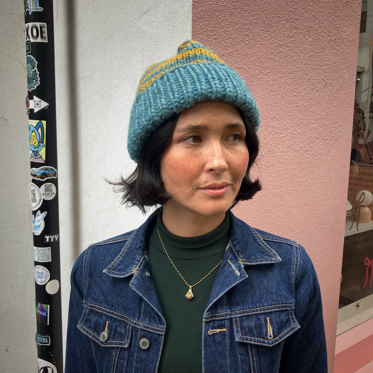 Blue & Mustard Striped Merino Blend Beanie by Maze Hill