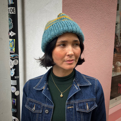 Blue & Mustard Striped Merino Blend Beanie by Maze Hill