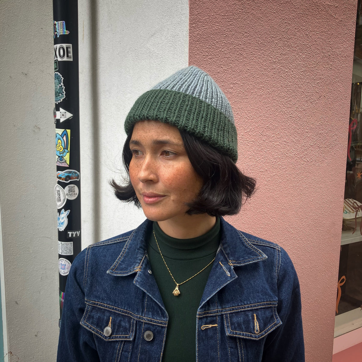 Sage Grey & Forest Green Handmade Beanie In Merino Blend By Maze Hill