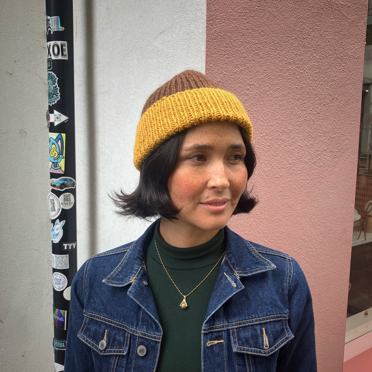 Mustard Yellow & Brown Merino Blend Beanie by Maze Hill