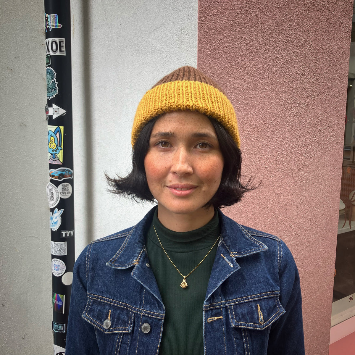 Mustard Yellow & Brown Merino Blend Beanie by Maze Hill