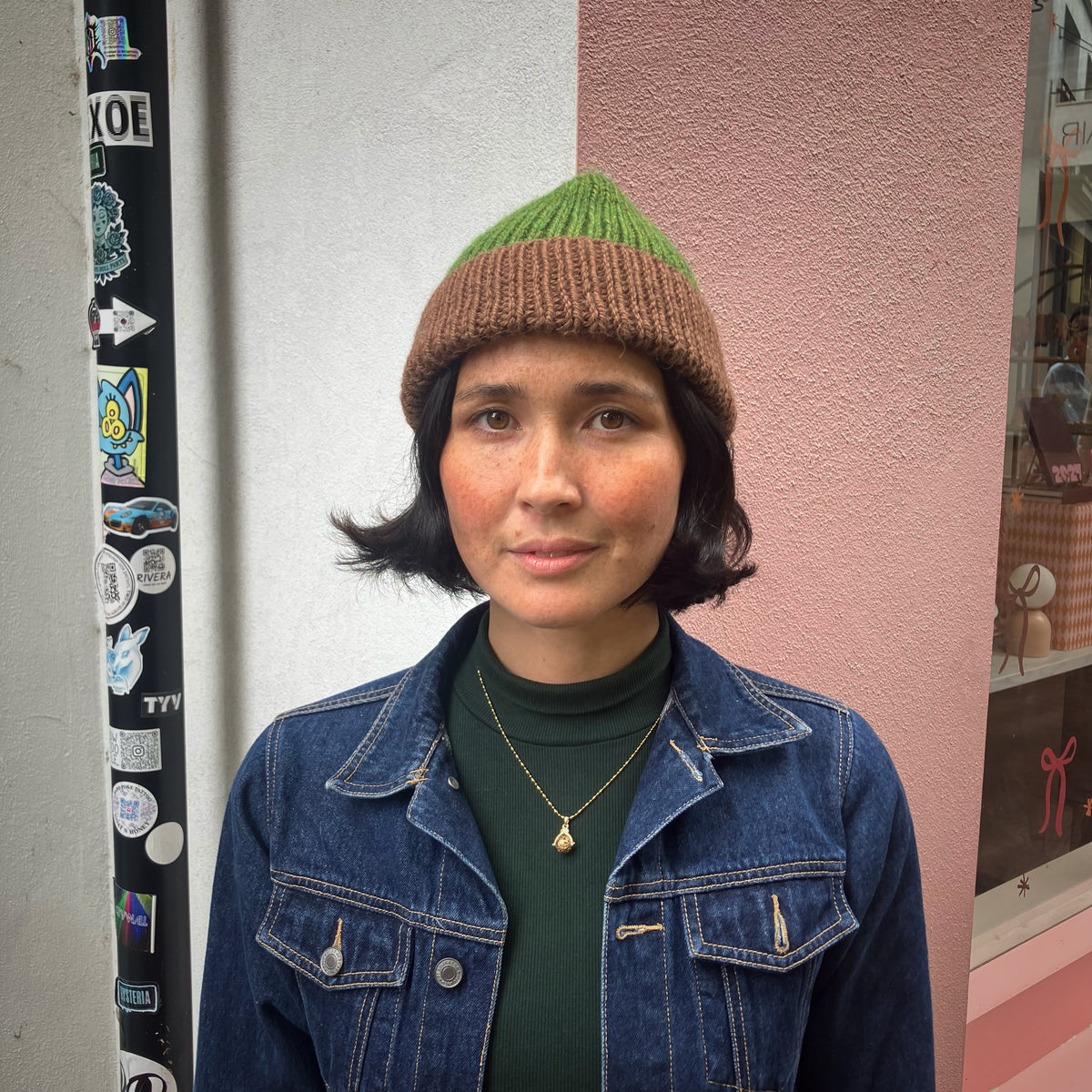 Brown & Green Two-Tone Merino Blend Beanie by Maze Hill