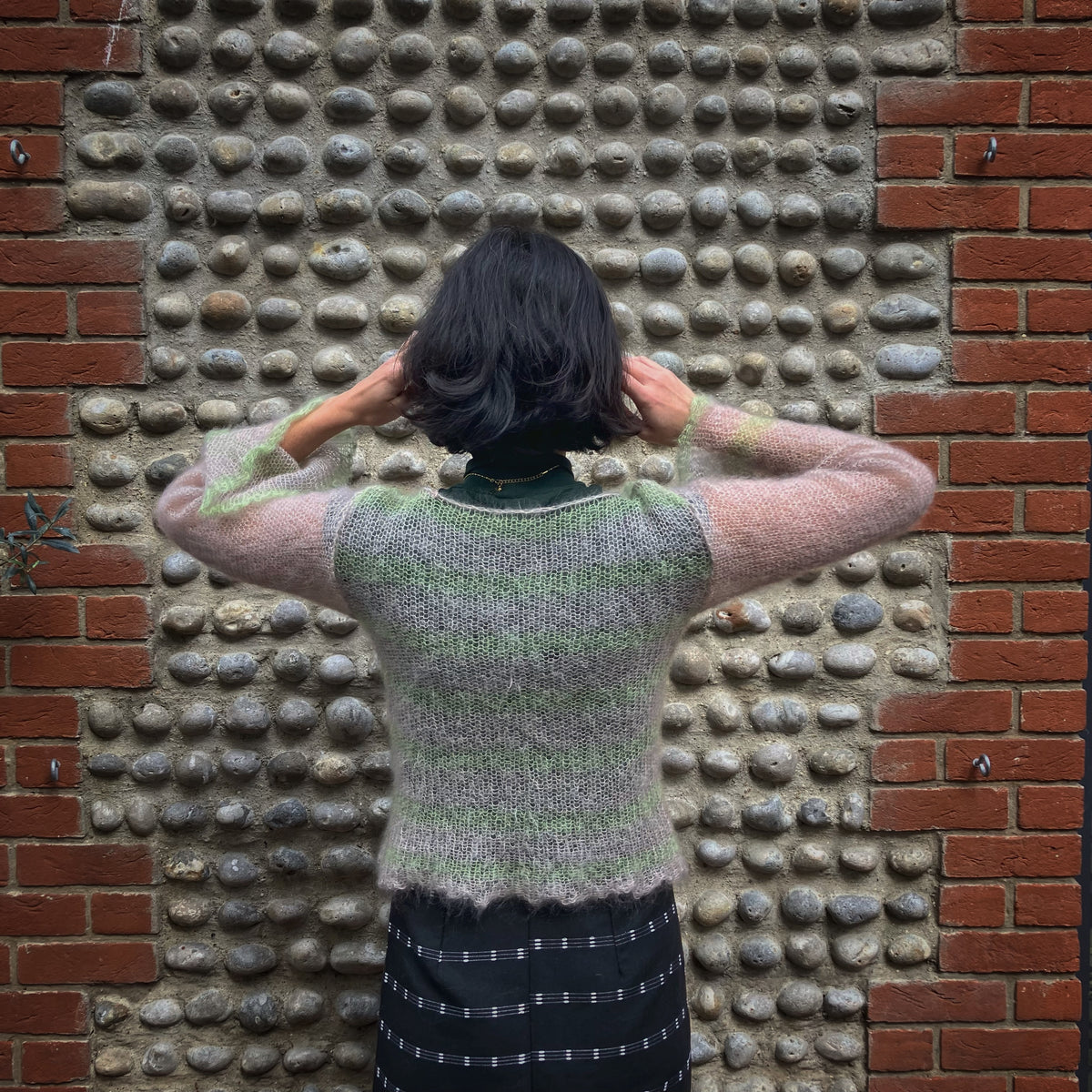 Open Knit Striped Jumper - Beige & Sage Mohair Silk