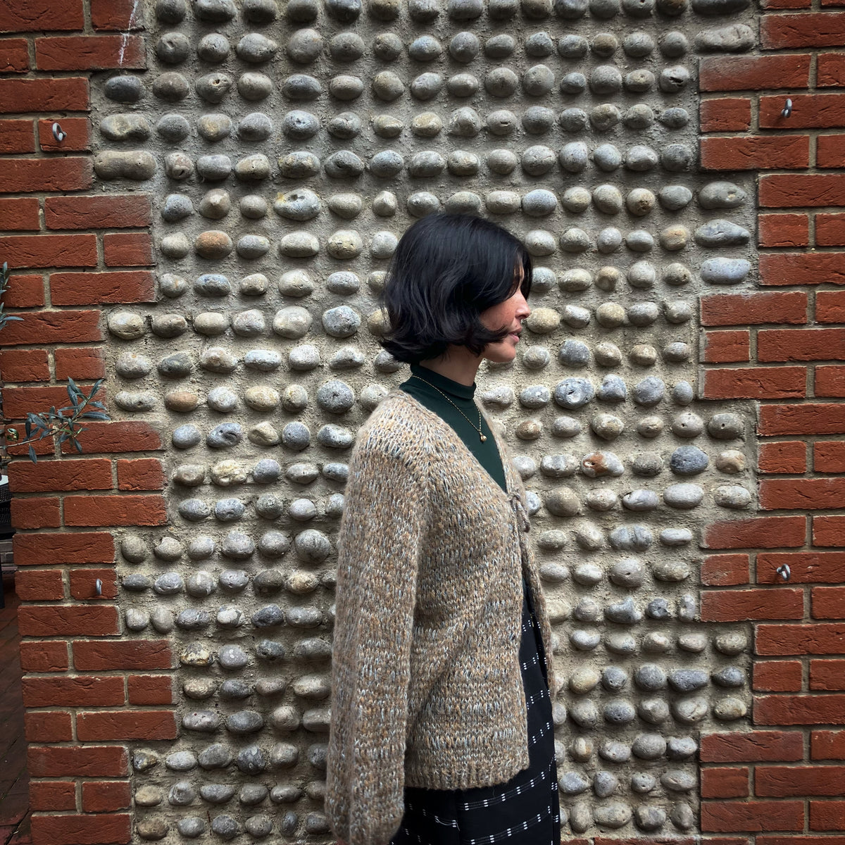 Alpaca Wool Blend Tie-Front Cardigan - Brown Marl