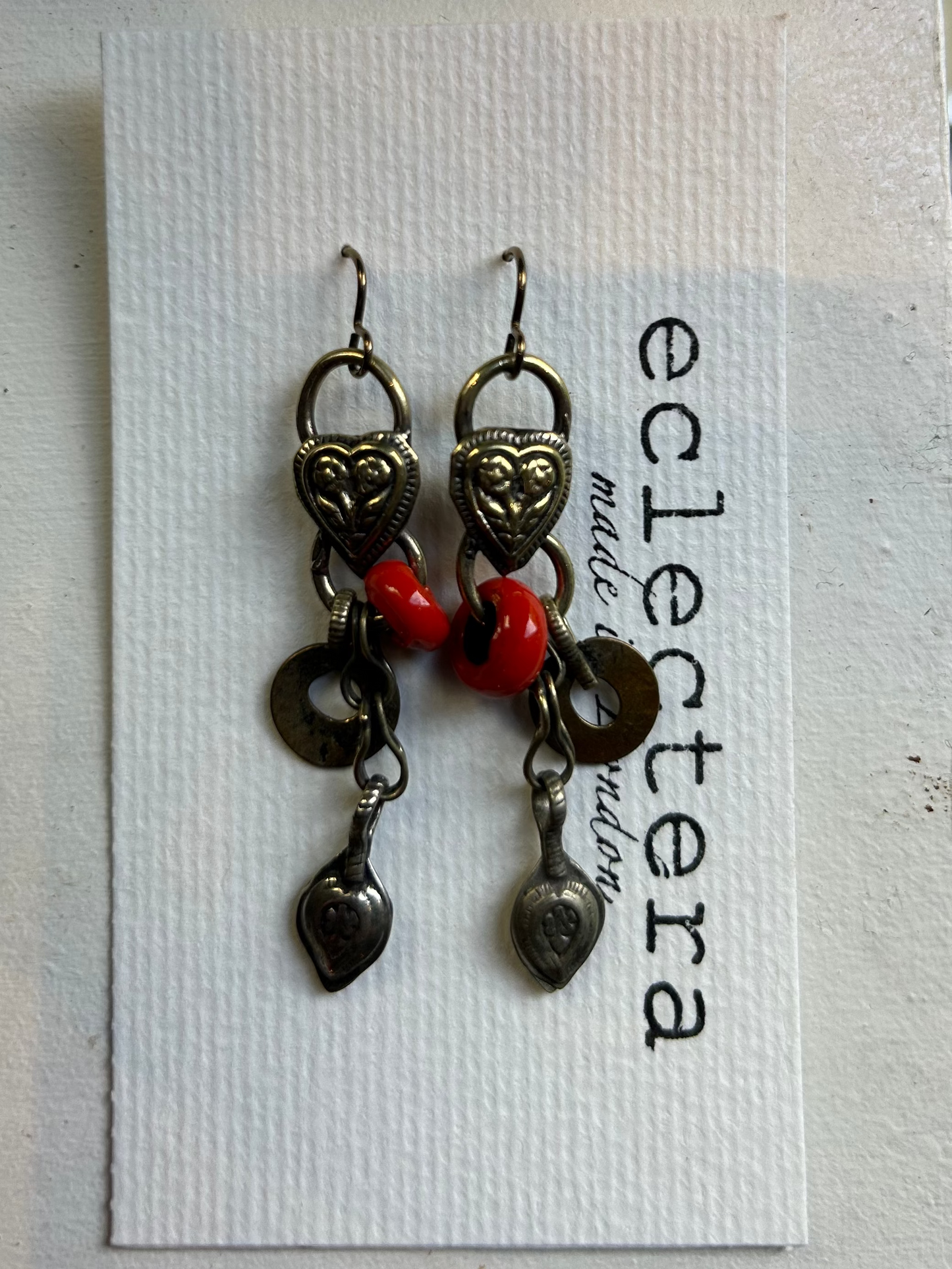 Afghan Earrings by eclectera - Metal Charms with Red Beads