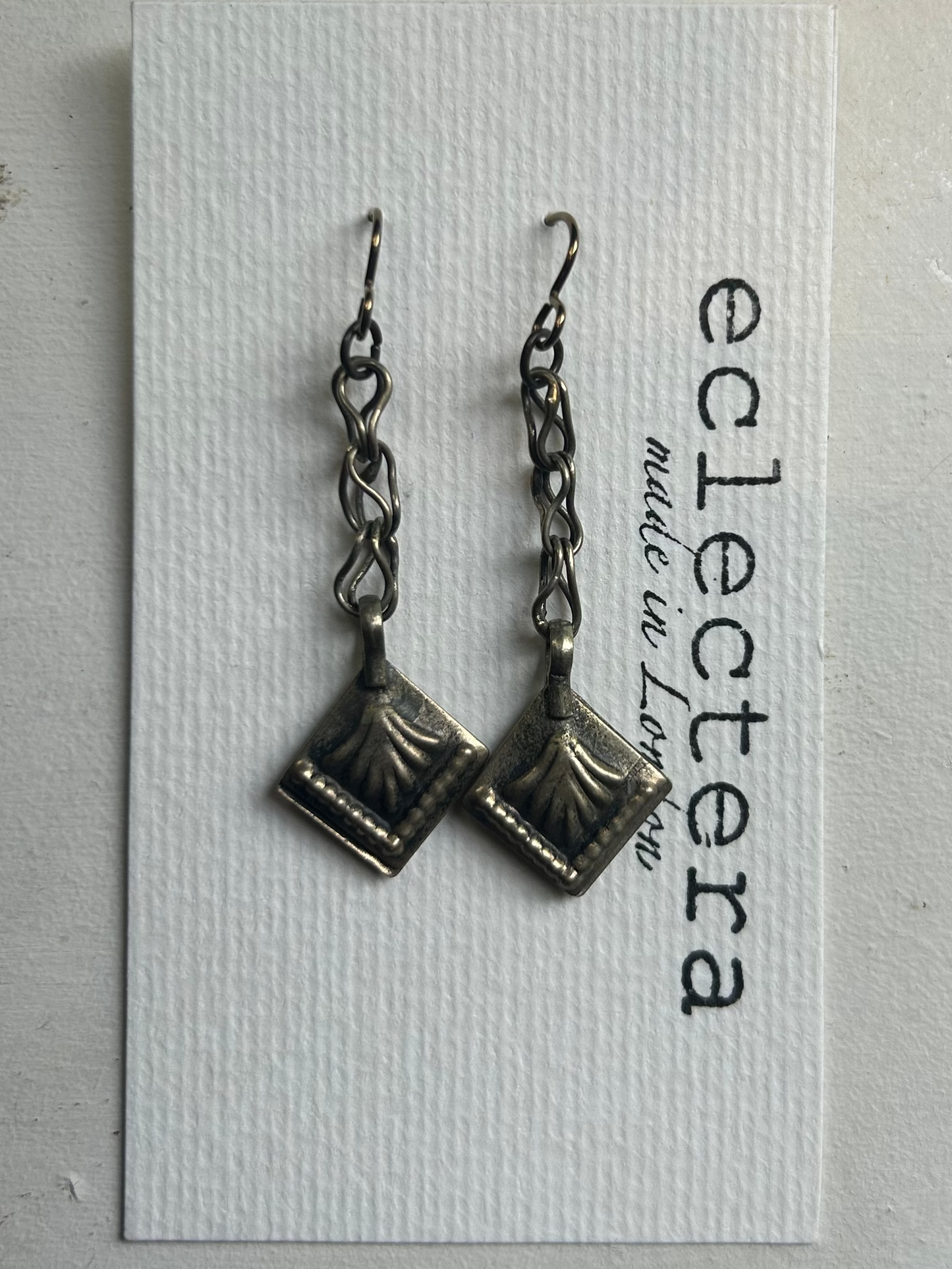 Afghan Earrings by eclectera -Engraved Square chains