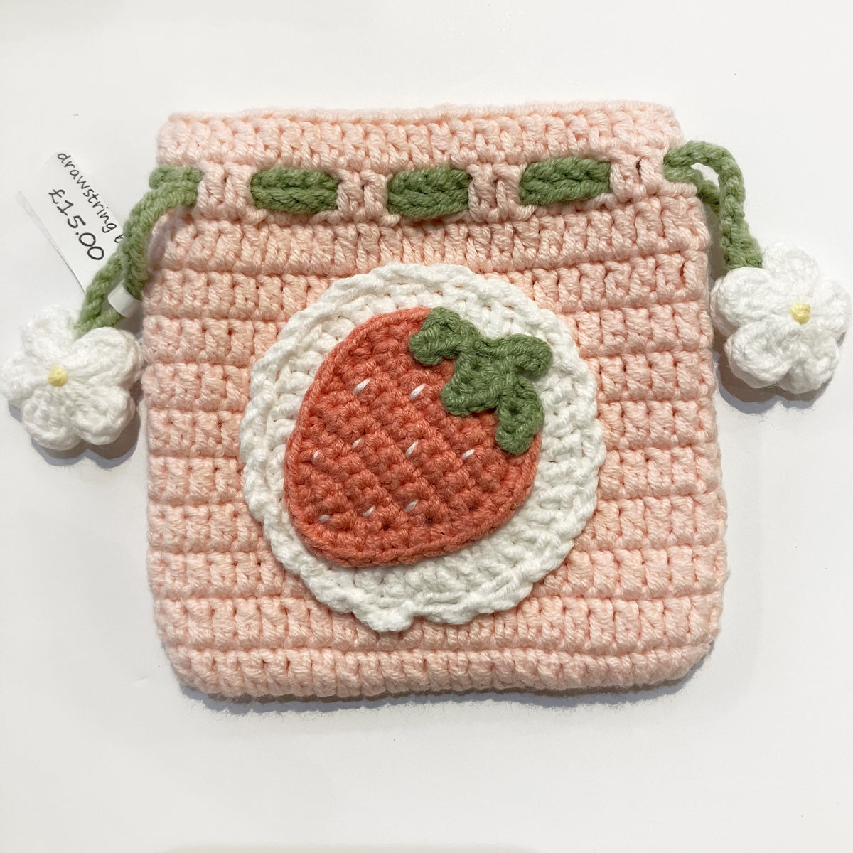 Pink strawberry crochet bag by Miss Peachy