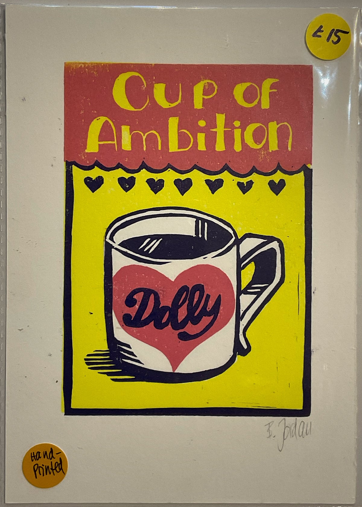 Original Lino Print: 'Cup of Ambition’ by Betti Jordan Art