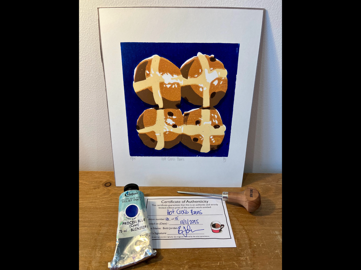 Betti Jordan Art - Original Lino Print: 'Hot Cross Buns' by Betti Jordan Art