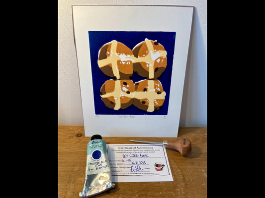 Betti Jordan Art - Original Lino Print: 'Hot Cross Buns' by Betti Jordan Art