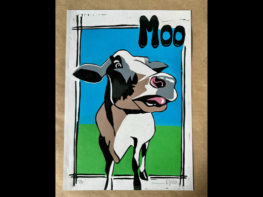 Original Lino Print: 'Moo' by Betti Jordan Art