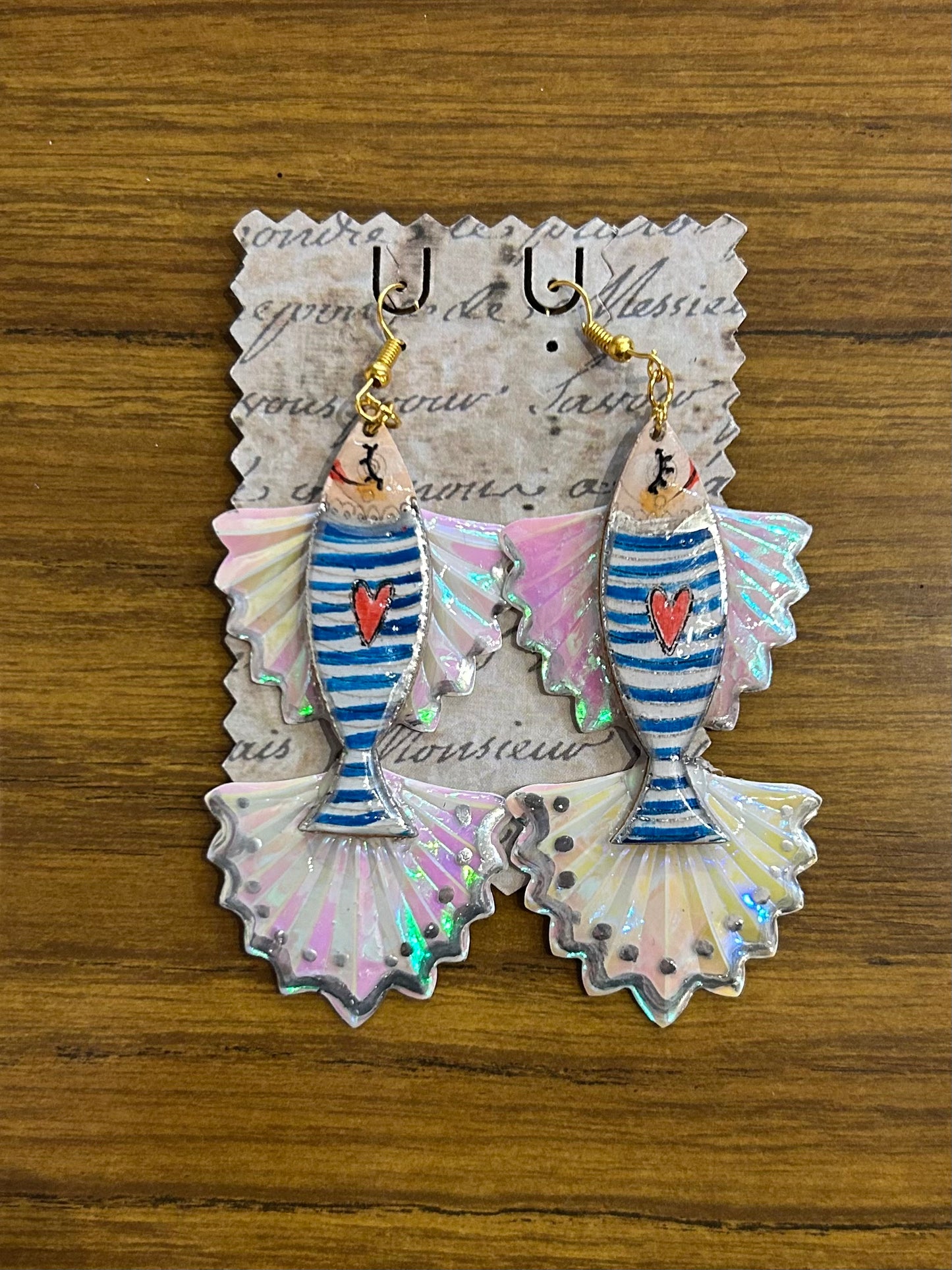 Blue and white striped fish earrings 