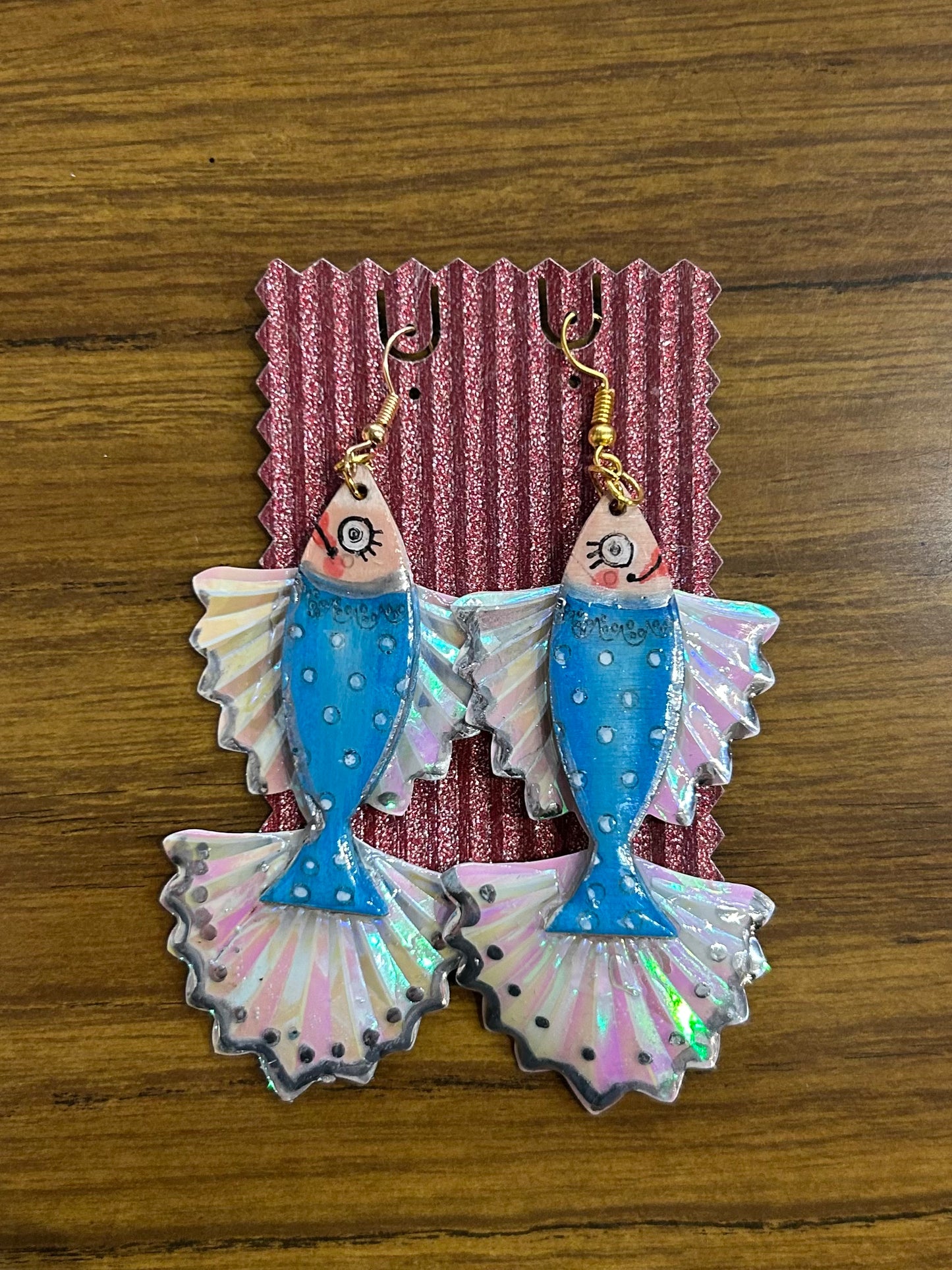 Light blue polka dot fish earrings