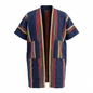 A short-sleeve open-front cardigan or robe in navy blue with vertical stripes in red, yellow, and cream, featuring front patch pockets, shown on a plain white background.