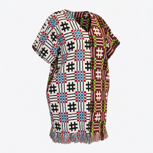 A short-sleeve kaftan-style tunic top featuring a split geometric pattern design. The left side has a white background with black lines, black hashtag symbols, and blue and red diamond motifs.