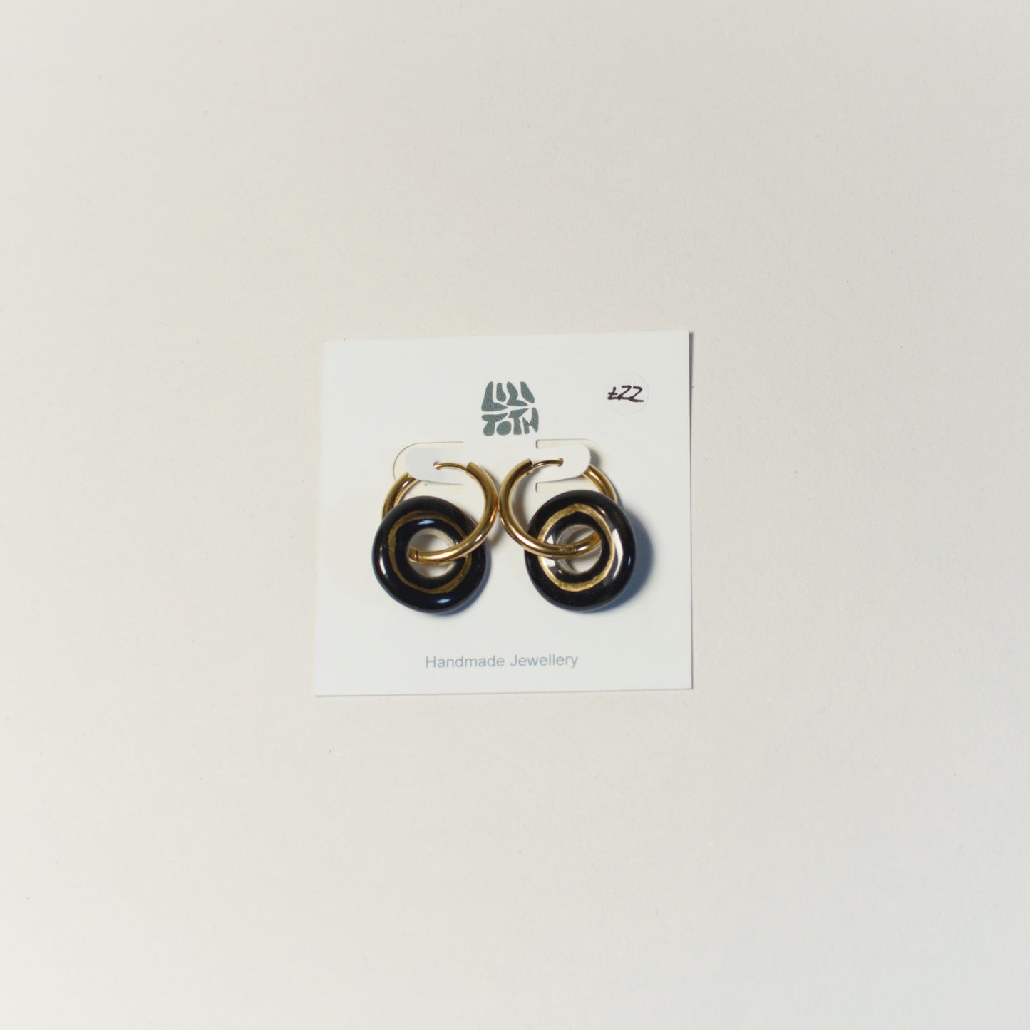 Black & Gold Ceramic Hoop Earrings by Lili Toth