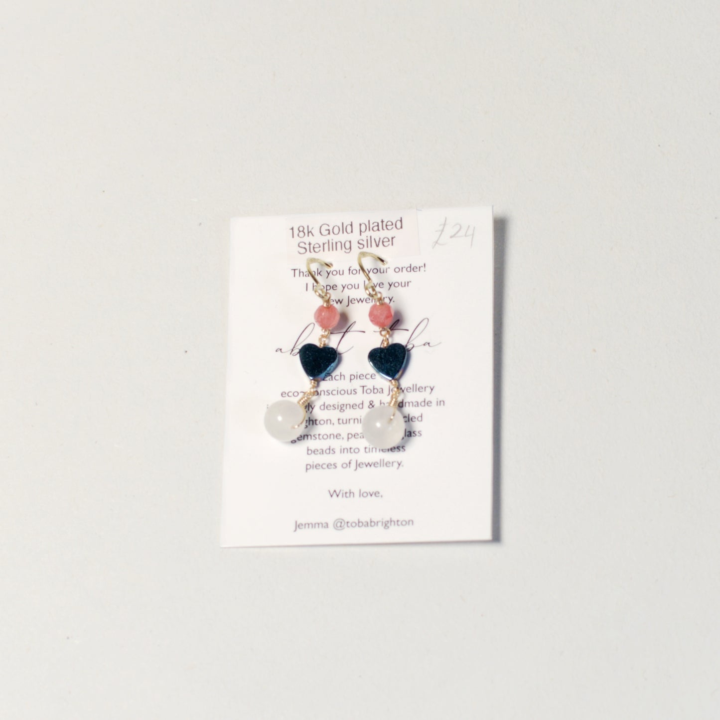 Kyanite, Hematite & Moonstone Heart Drop Earrings | Gold Plated Sterling Silver by Toba