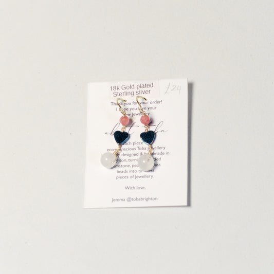Kyanite, Hematite & Moonstone Heart Drop Earrings | Gold Plated Sterling Silver by Toba
