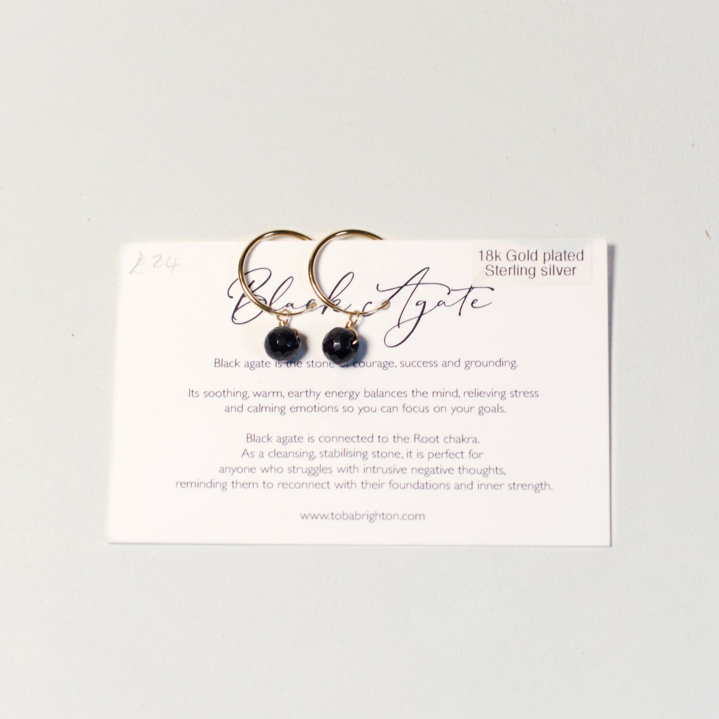 Black Agate Gold Hoop Earrings | 18ct Gold Plated Sterling Silver by Toba