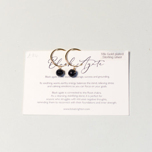 Black Agate Gold Hoop Earrings | 18ct Gold Plated Sterling Silver by Toba