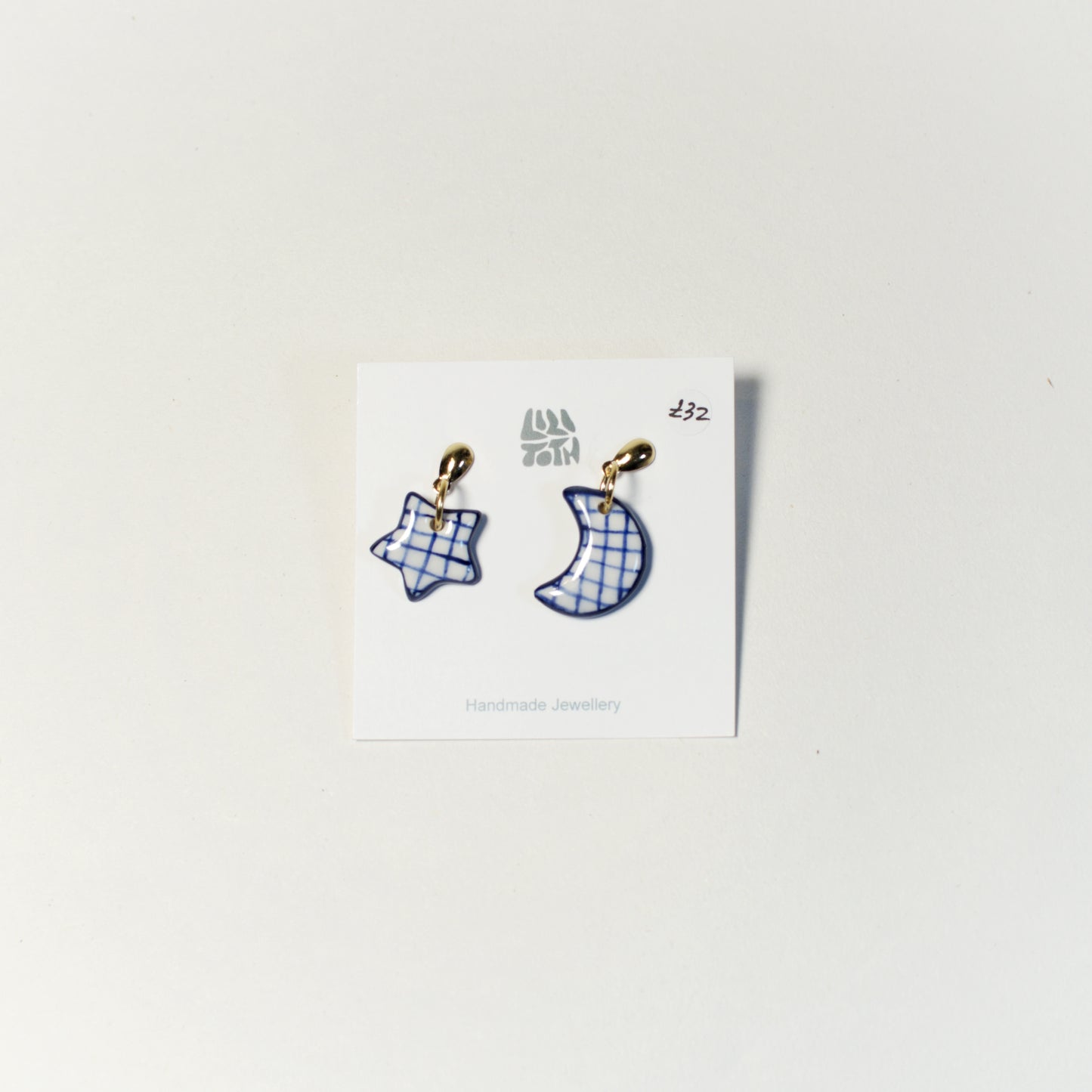 Moon & Star Blue Checked Ceramic Drop Earrings by Lili Toth