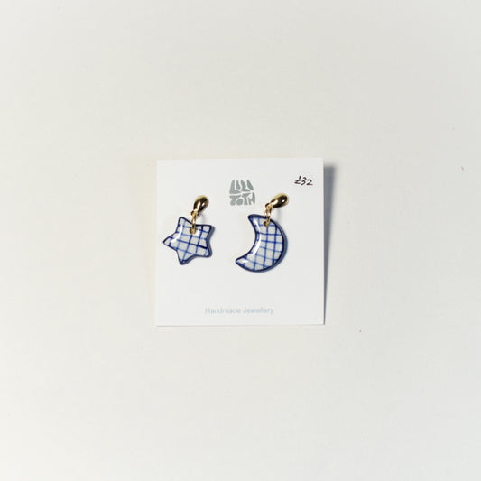 Moon & Star Blue Checked Ceramic Drop Earrings by Lili Toth