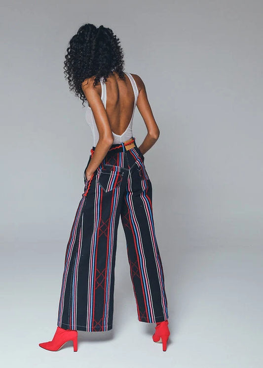 Keys Black Striped Kente Wide-Leg Trousers with Denim Cut by Nyny Ryke