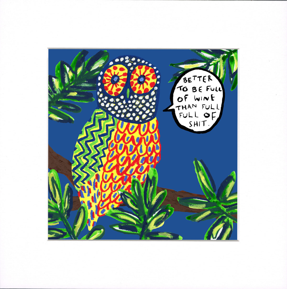 A square art print featuring a colorful hand-drawn owl perched on a branch against a deep blue background, surrounded by green leaves. The owl has patterned yellow, orange, and red feathers, with large orange eyes.