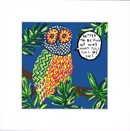 A square art print featuring a colorful hand-drawn owl perched on a branch against a deep blue background, surrounded by green leaves. The owl has patterned yellow, orange, and red feathers, with large orange eyes.