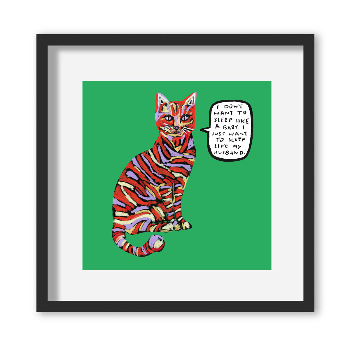 Striped Cat Illustration Giclée Print in White Frame - by The Laughing Lark
