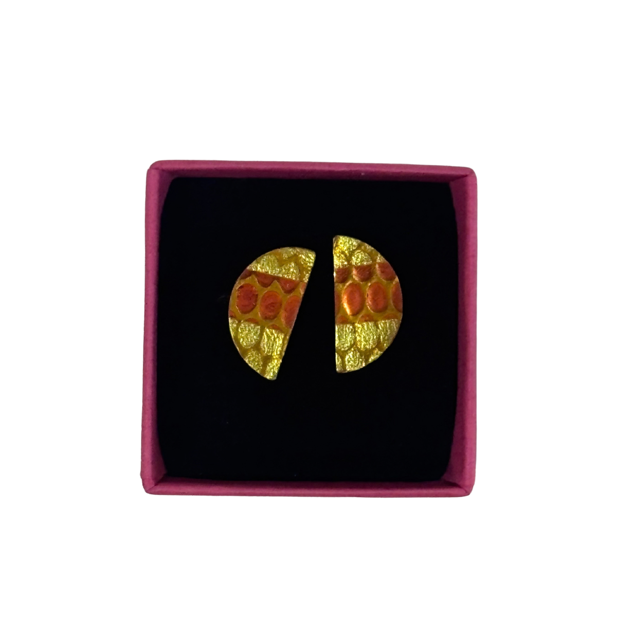 Half Moon Stud Earrings - Metallic Gold and Orange by Luna Design