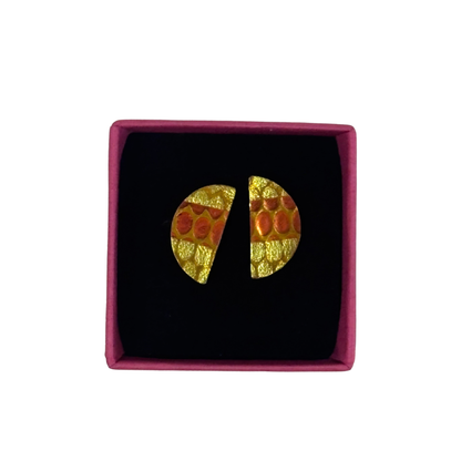 Half Moon Stud Earrings - Metallic Gold and Orange by Luna Design