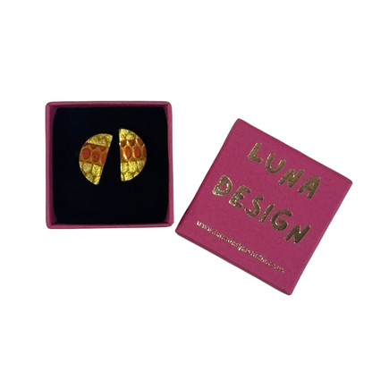 Half Moon Stud Earrings - Metallic Gold and Orange by Luna Design