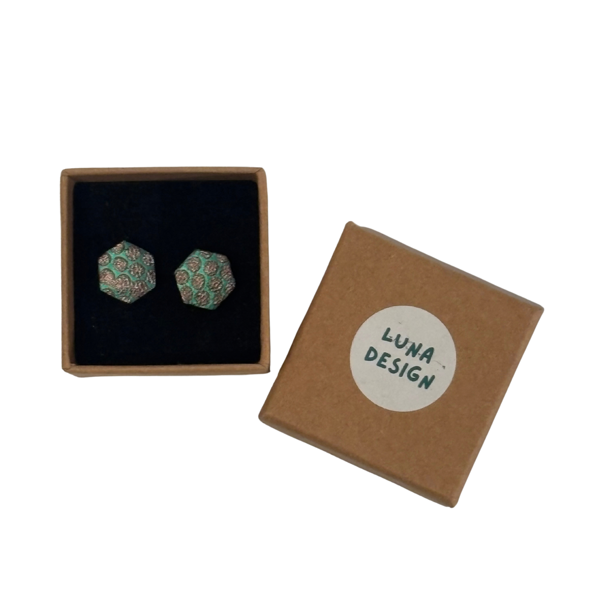 Hexagonal Stud Earrings - Green and Brown Metallic Leopard print by Luna Design