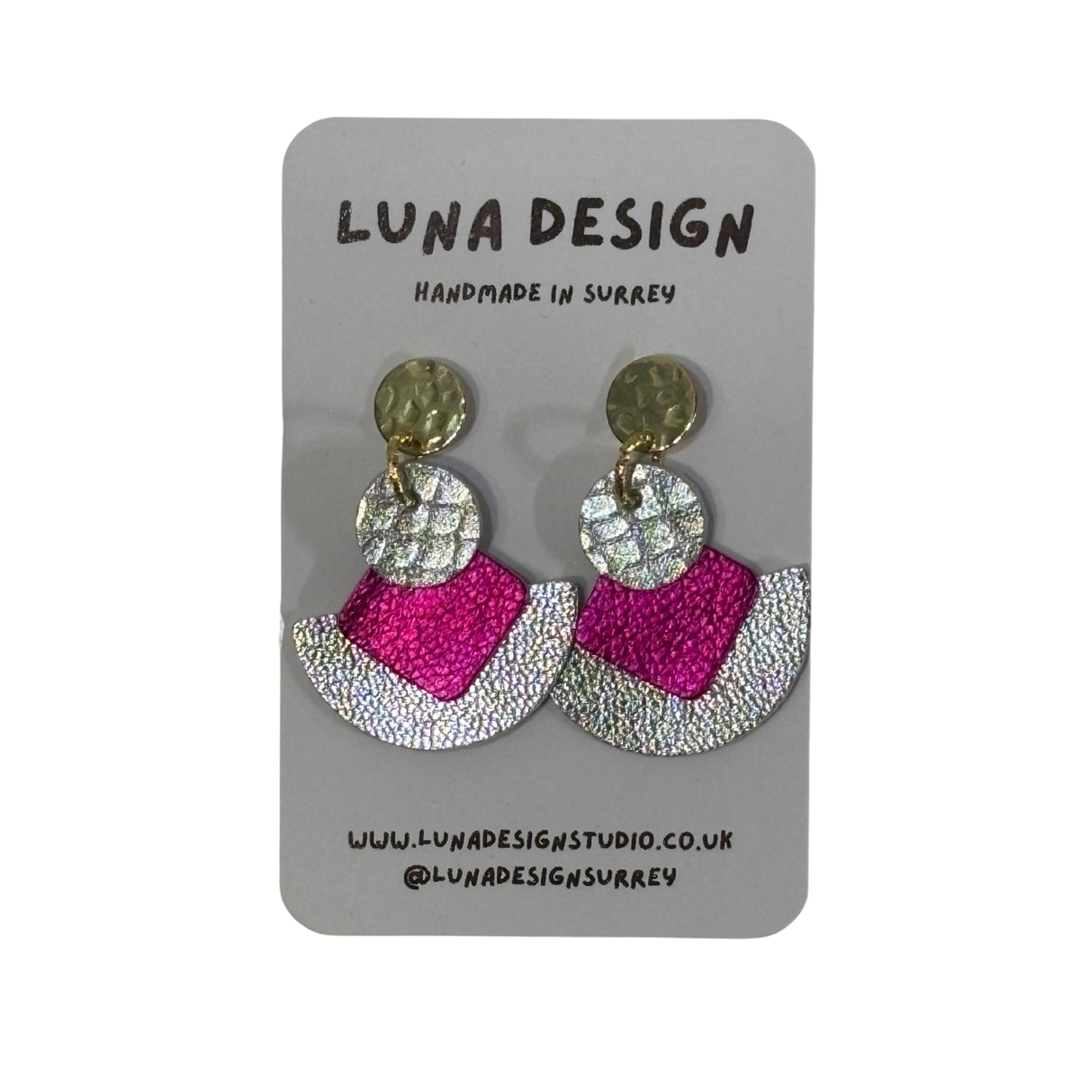Gold Stud Cleopatra Earrings - Metallic Silver and Pink Leather by Luna Design