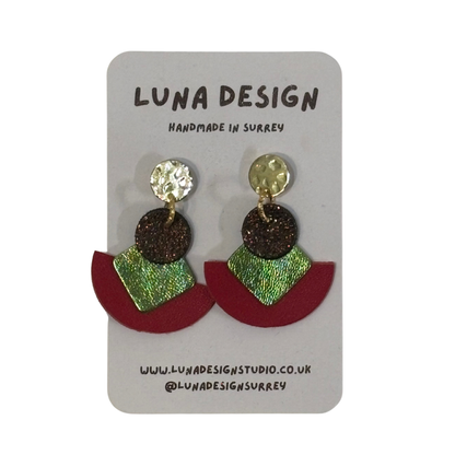 Gold Stud Cleopatra Earrings - Metallic Green and Red Leather by Luna Design