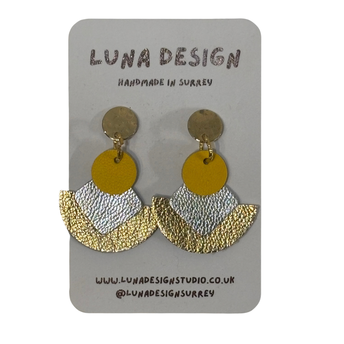 Gold Stud Cleopatra Earrings - Metallic Gold/Silver and Yellow Leather by Luna Design